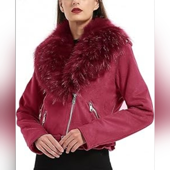 Women Faux Suede Fur Collar Jacket Size Medium  Motorcycle Biker - Picture 1 of 7